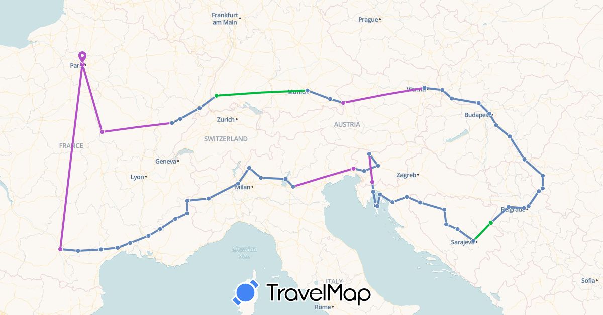 TravelMap itinerary: bus, cycling, train in Austria, Bosnia and Herzegovina, Germany, France, Croatia, Hungary, Italy, Romania, Serbia, Slovenia, Slovakia (Europe)